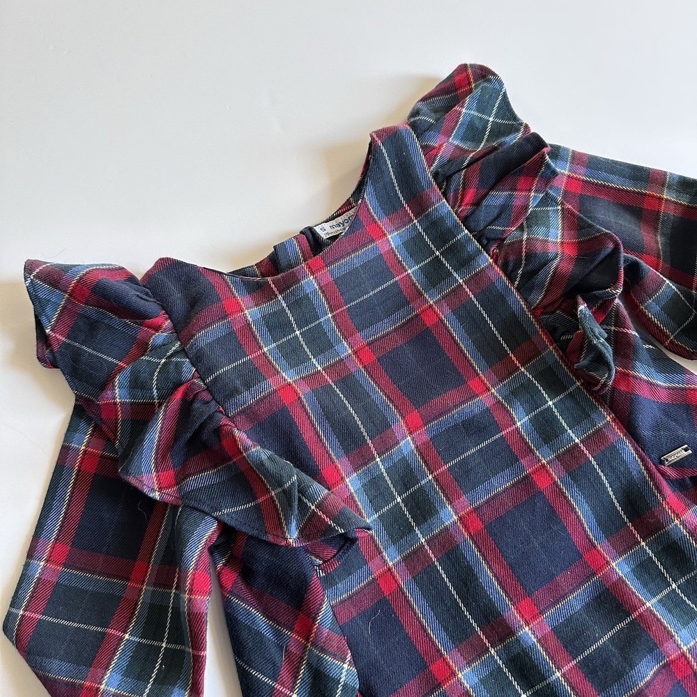 Mayoral Dress Girls Size 5 Ruffles Plaid Blue Red Long Sleeves Preppy Classy - Picture 2 of 7